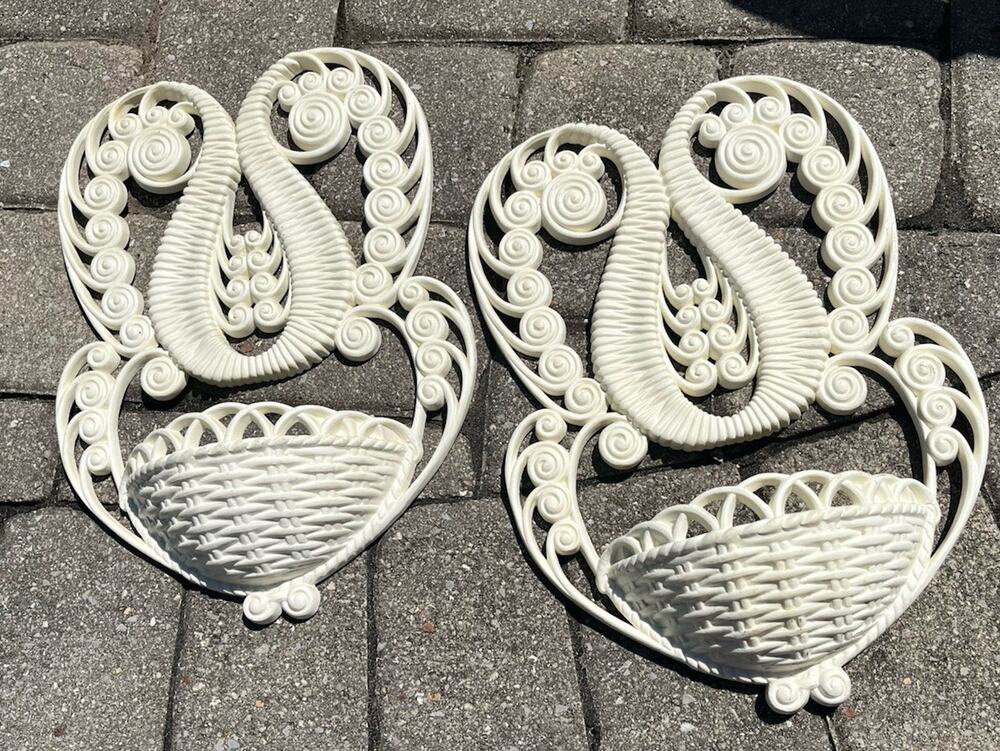 Pair VTG Homco Burwood Art Deco Wall-Hanging Pocket Planter Faux Wicker #2298